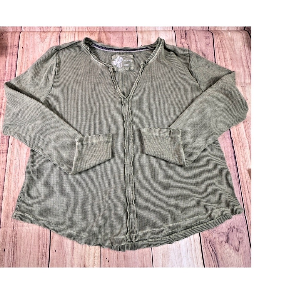 Pilcro Anthropologie Women Top Green Large Vneck Waffle Knit Long Sleeve